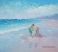 garçon et fille avec Chien sur plage Impressionnisme enfant